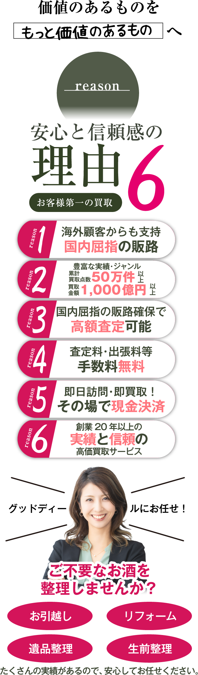 価値のあるものをもっと価値のあるものへ reason 安心と信頼感の理由6 お客様第一の買取 reason1 海外顧客からも支持 reason2 豊富な実績・ジャンル 50万件 reason3 国内屈指の販路確保で高額査定可能 reason4 査定料・出張料等 手数料無償 reason5 即日訪問・即買取！ その場で現金決済 reason6 創業20年以上の実績と信頼の高価買取サービス グッドディールにお任せ！ ご不要な車椅子等をまとめて整理しませんか？ お引越し リフォーム 遺品整理 生前整理 たくさんの実績があるので、安心してお任せください。